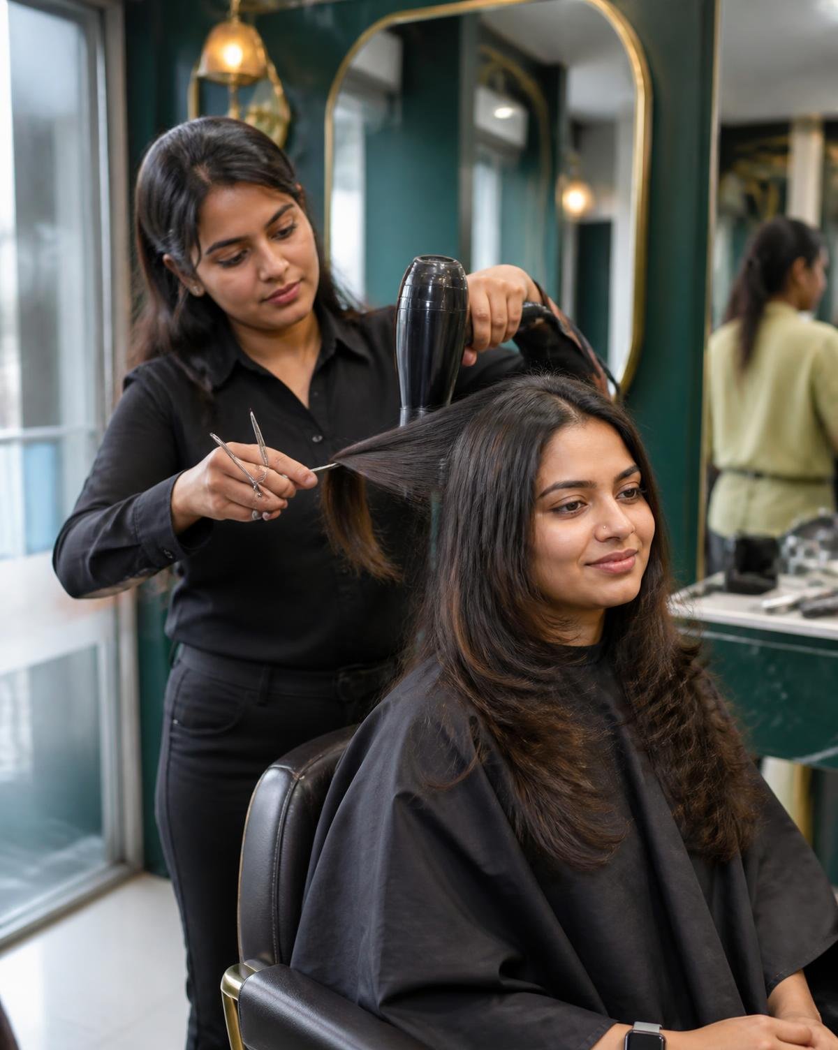 Stylist cutting a woman's hair in the salon