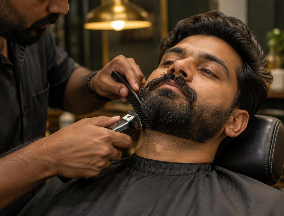Barber shaping a man's full beard with comb and trimmer