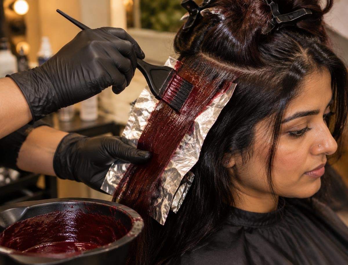 Colourist applying hair colour onto foil sections