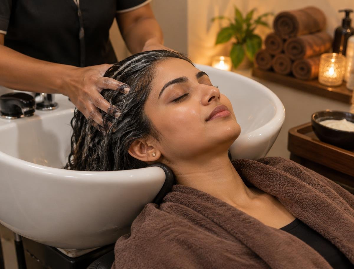 Woman relaxing at the wash basin during a hair spa
