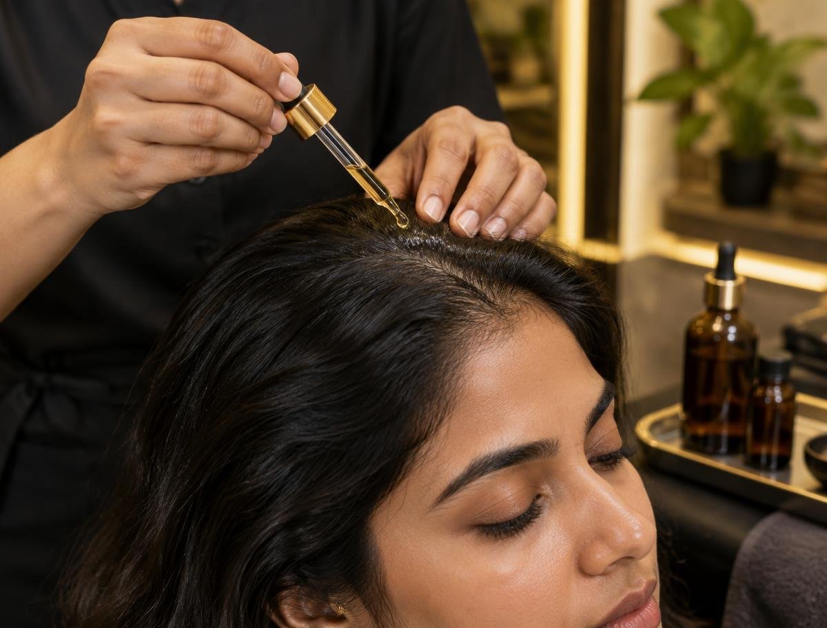 Stylist applying serum drops to a client's scalp
