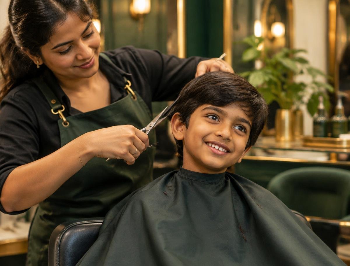 Stylist giving a smiling child a haircut