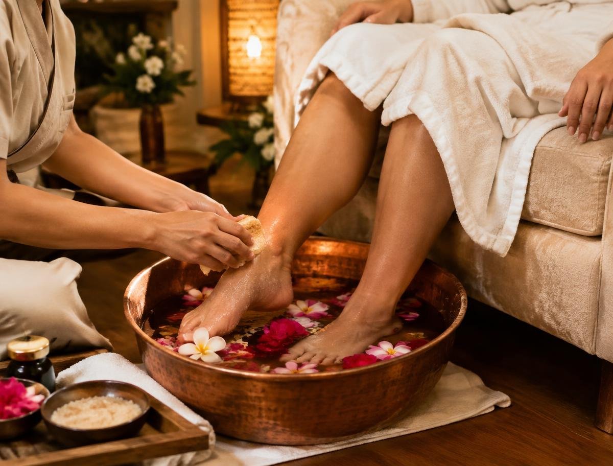 Pedicure with feet soaking in a copper bowl with petals